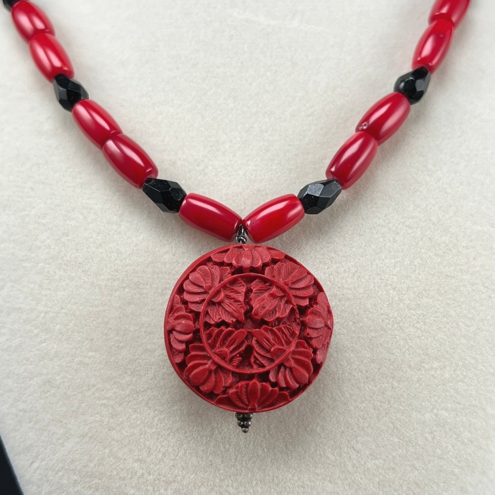 Vintage Beaded Necklace Coral Faux Cinnabar Pendant Carved Sterling Clasp 20"